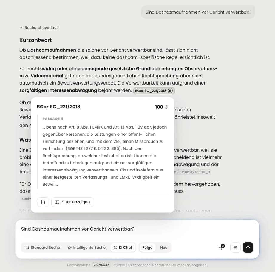 Lawsearch AI public screenshot showing a German answer and an expanded passage from a Swiss Federal Supreme Court decision.