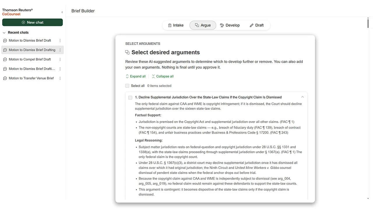 CoCounsel Legal Brief Builder public screenshot showing suggested arguments, factual support and legal reasoning.