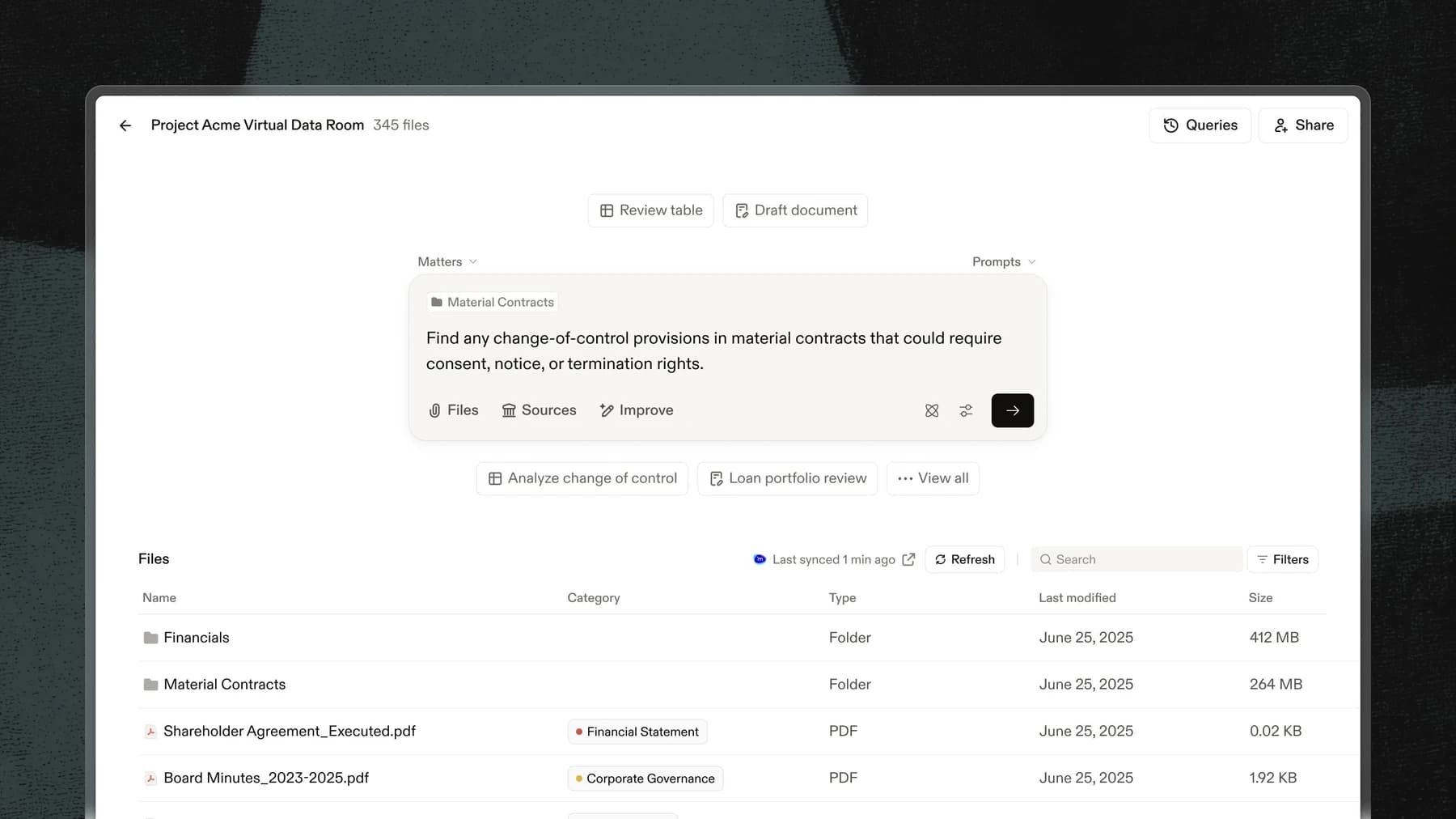 Harvey Vault public product image showing a virtual data room and a prompt to find change-of-control provisions.