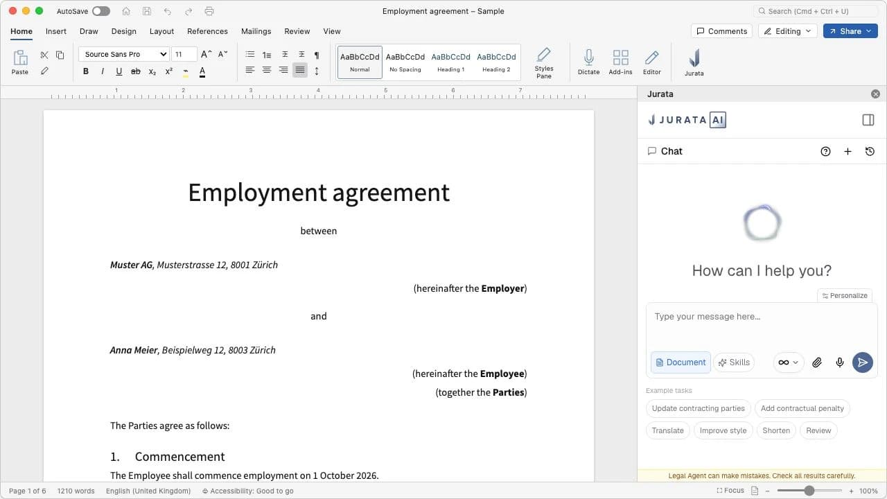 Jurata public screenshot showing its Word add-in beside a sample employment agreement.