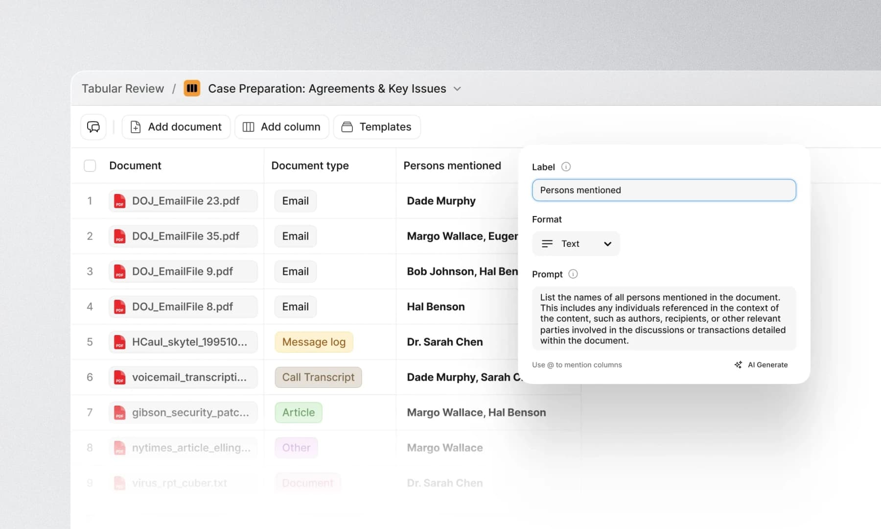Legora Tabular Review public product image showing document rows and a configurable column for people mentioned.