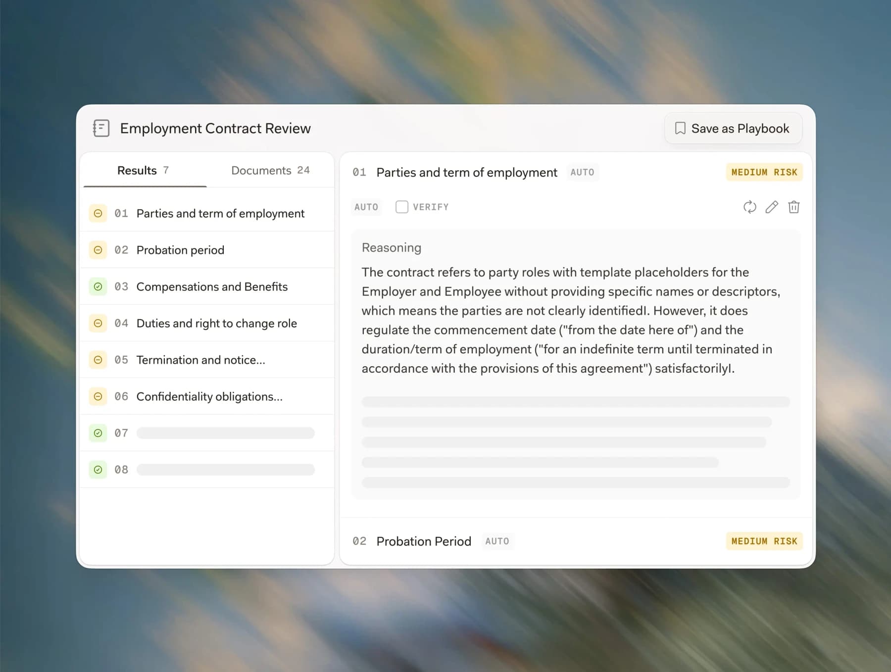 Libra public product image showing an employment contract review, a medium-risk finding, reasoning and a verification control.