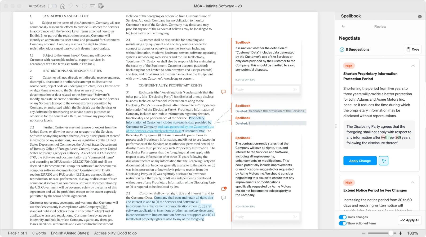 Spellbook public screenshot showing Microsoft Word, tracked changes and contract review suggestions in a side panel.