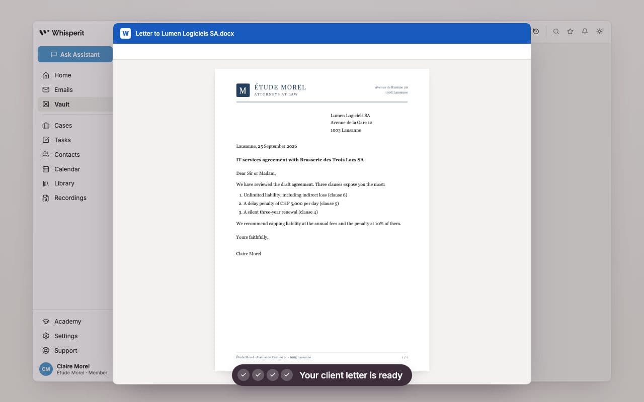 Client letter on the firm's letterhead, opened in Word after a one-click export from Whisperit