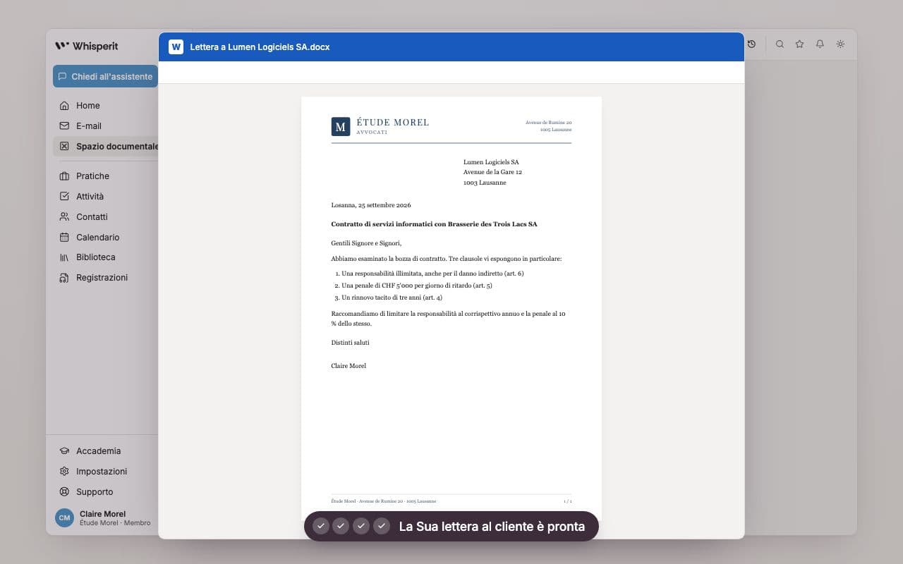 Lettera al cliente su carta intestata dello studio, aperta in Word dopo un'esportazione con un clic da Whisperit