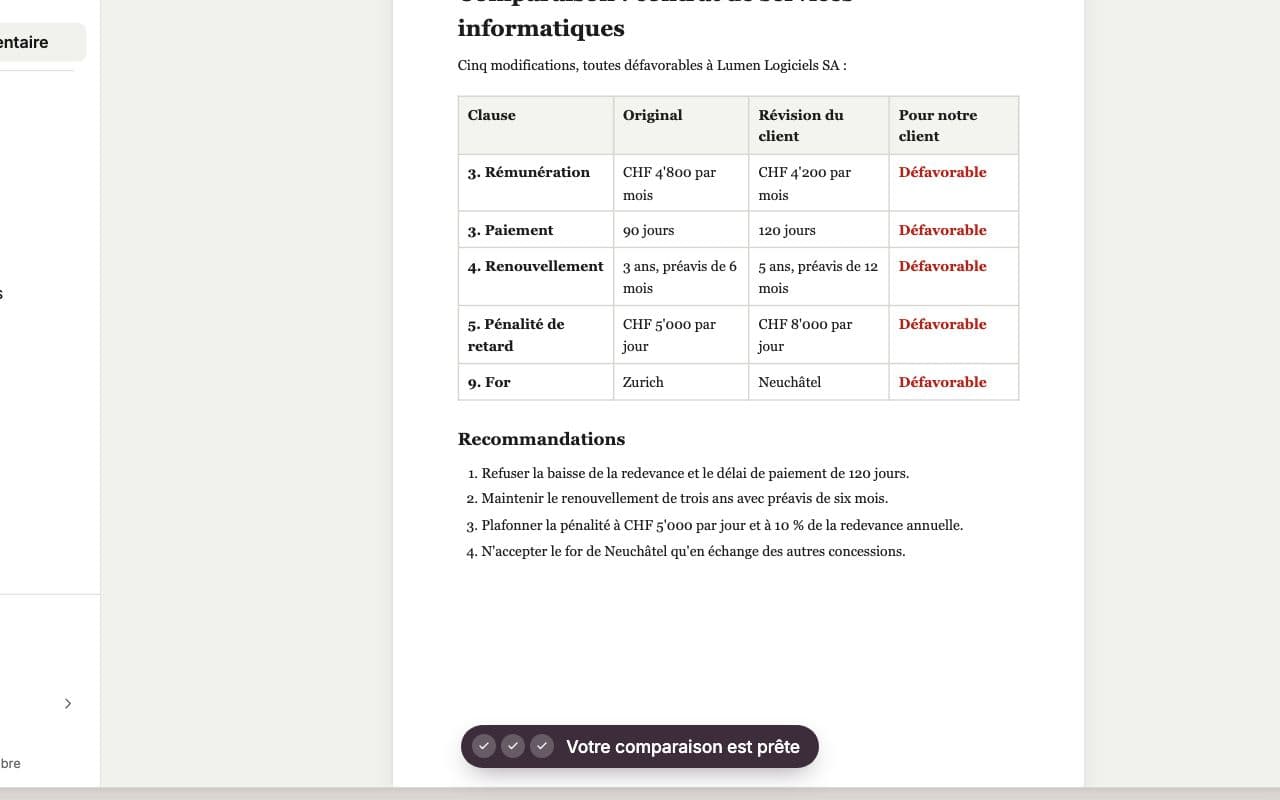 Comparaison de deux versions d'un contrat dans Whisperit : tableau des clauses modifiées et recommandations pour le client