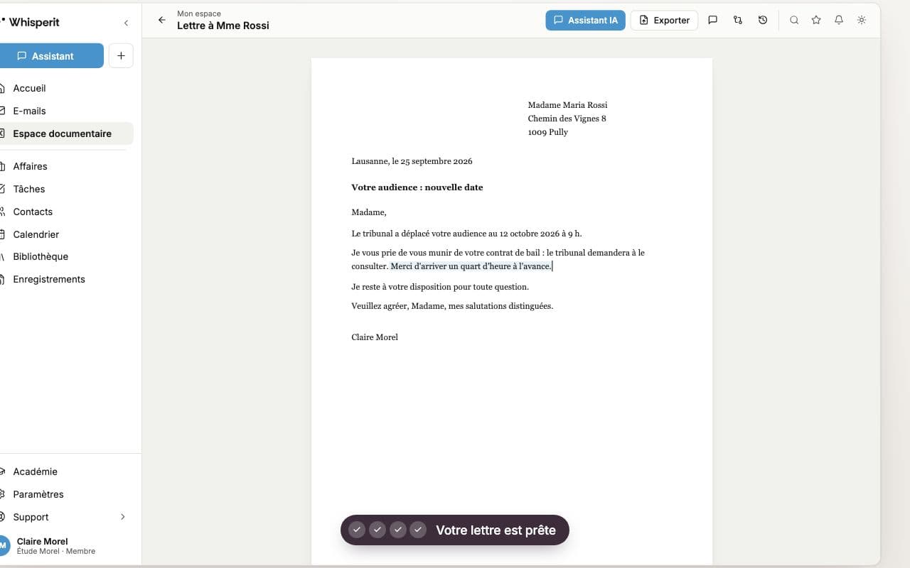 Lettre à une cliente dictée dans Whisperit, prête dans l'éditeur de documents