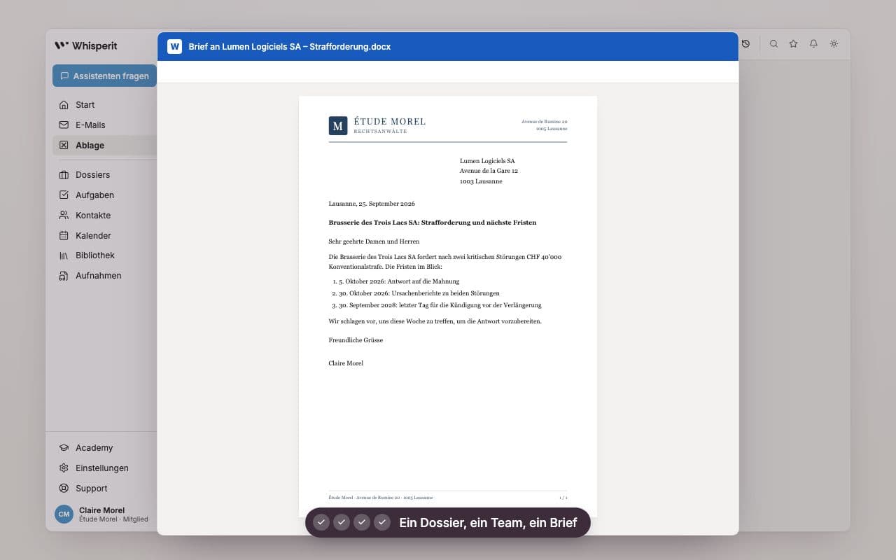 Brief auf dem Briefkopf der Kanzlei, in Word geöffnet und aus einem im Team geteilten Dossier in Whisperit erstellt