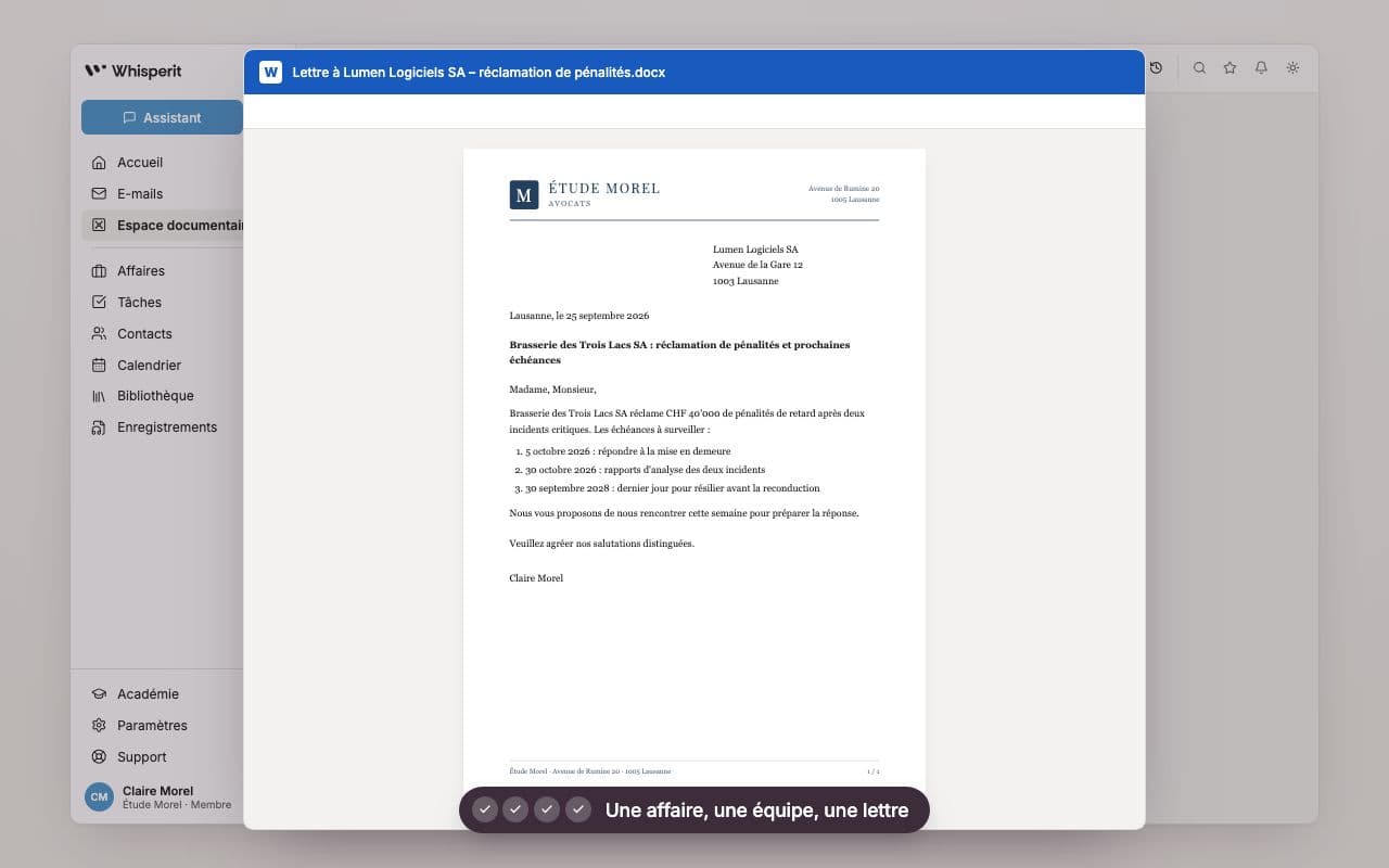 Lettre sur le papier à en-tête de l'étude, ouverte dans Word, rédigée à partir d'un dossier partagé par l'équipe dans Whisperit