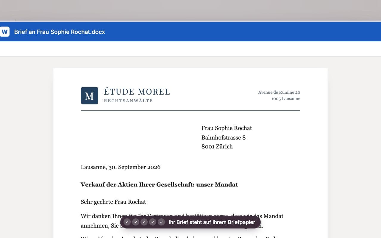 Illustrative deutsche Whisperit-Briefkopf-Demonstration mit einem auf Kanzleibriefpapier exportierten Mandantenbrief.