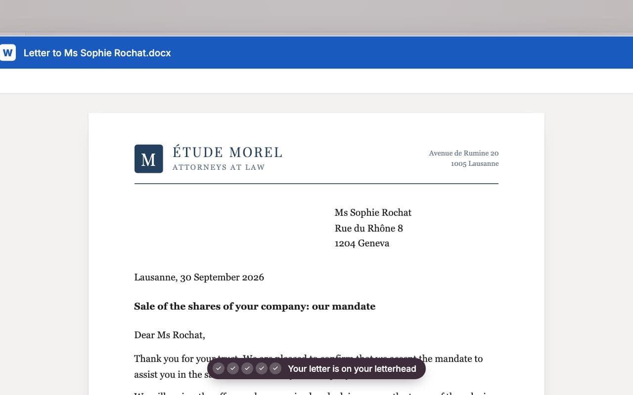 Whisperit’s illustrative English letterhead walkthrough showing a client letter exported with the firm’s letterhead.