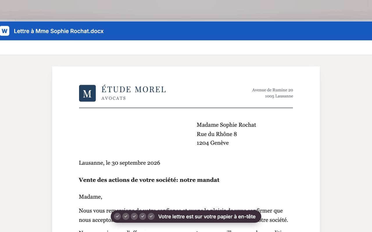 Parcours illustratif en français de Whisperit montrant une lettre au client exportée avec le papier à en-tête de l’étude.
