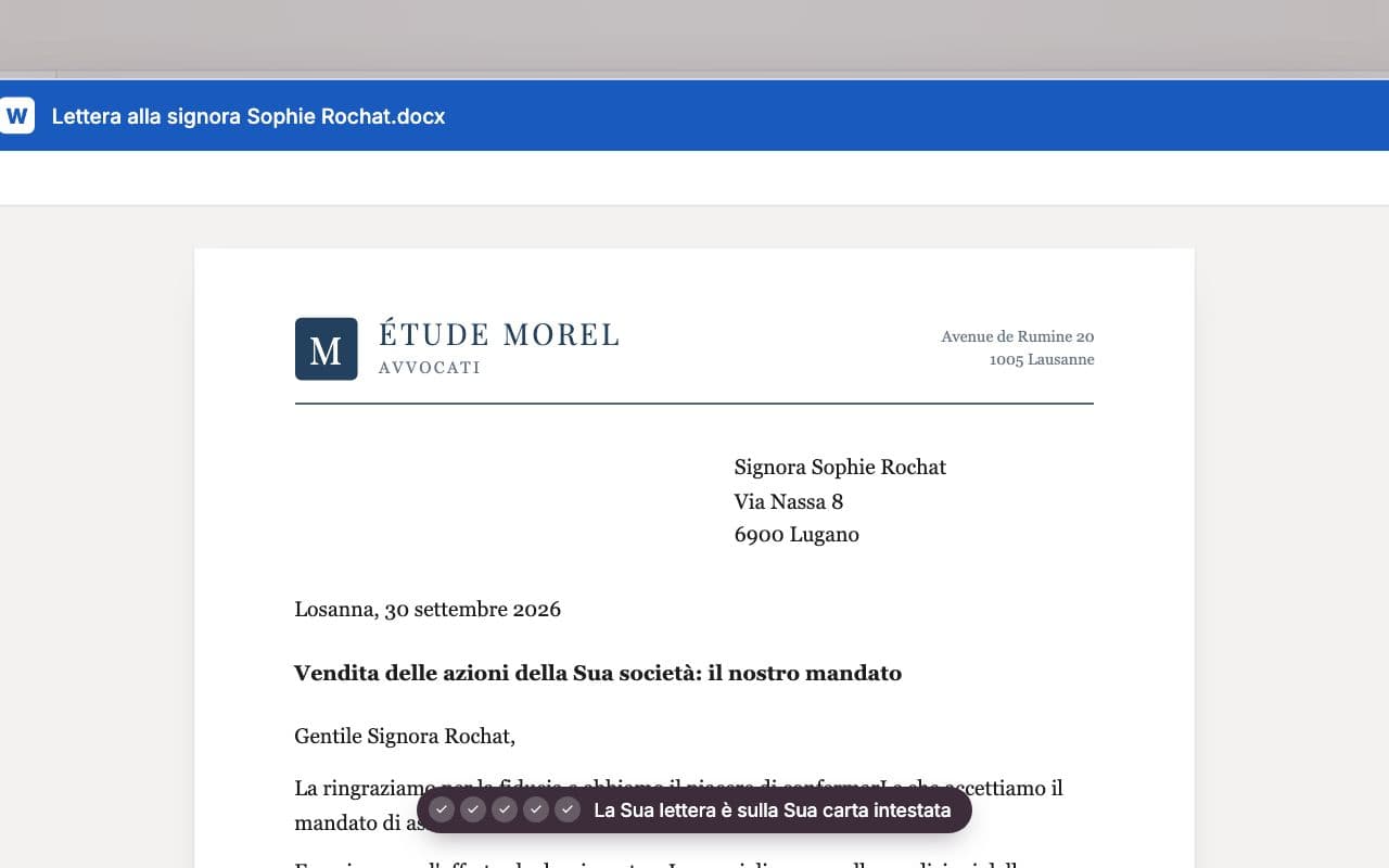 Percorso illustrativo in italiano di Whisperit con una lettera al cliente esportata sulla carta intestata dello studio.