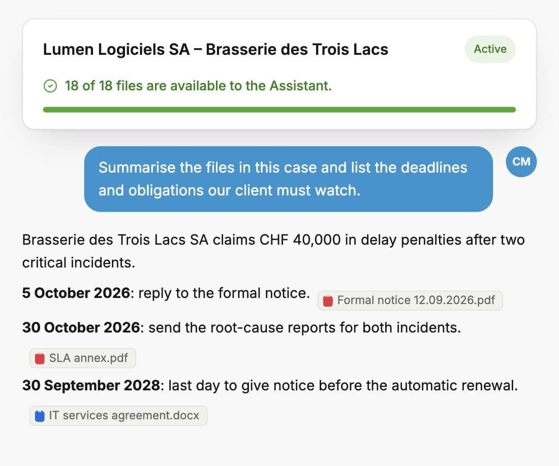 Whisperit summary of a case: the claim and the deadlines to watch, each with its source document