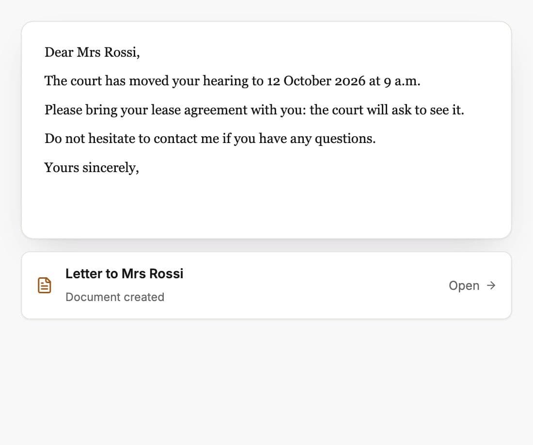 Letter to a client dictated by voice and written out by Whisperit