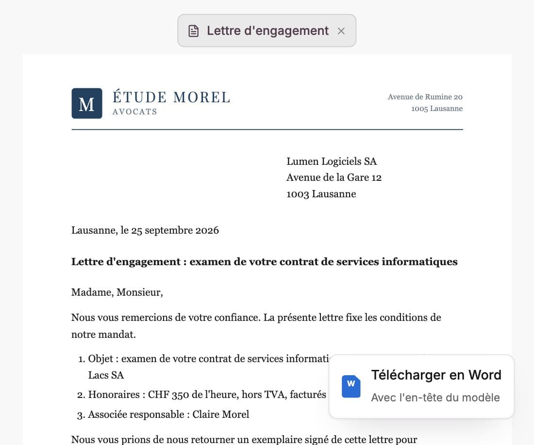 Lettre d'engagement sur le papier à en-tête de l'étude, avec l'option de téléchargement au format Word