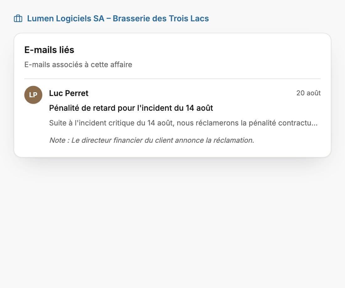E-mail d'un client lié à un dossier dans Whisperit, affiché parmi les e-mails liés au dossier