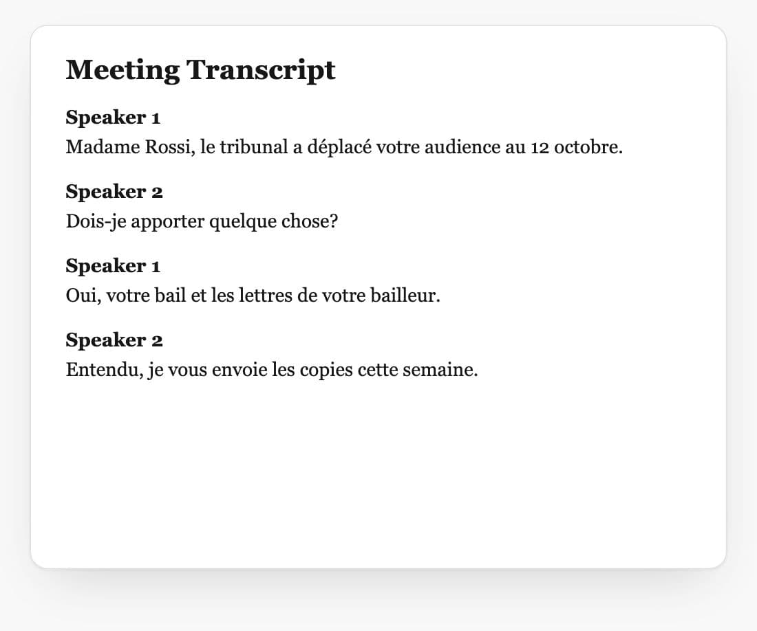 Transcription d'une réunion créée dans Whisperit à partir d'un enregistrement, avec chaque intervenant distingué