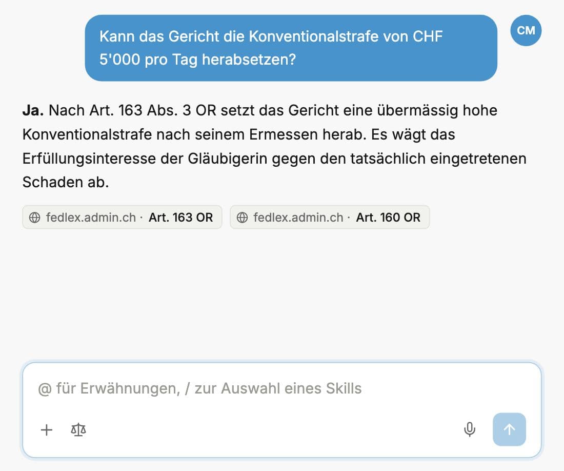 Antwort von Whisperit auf eine Frage zum Schweizer Vertragsrecht, mit Verweis auf Art. 163 Abs. 3 OR und Art. 160 OR auf fedlex