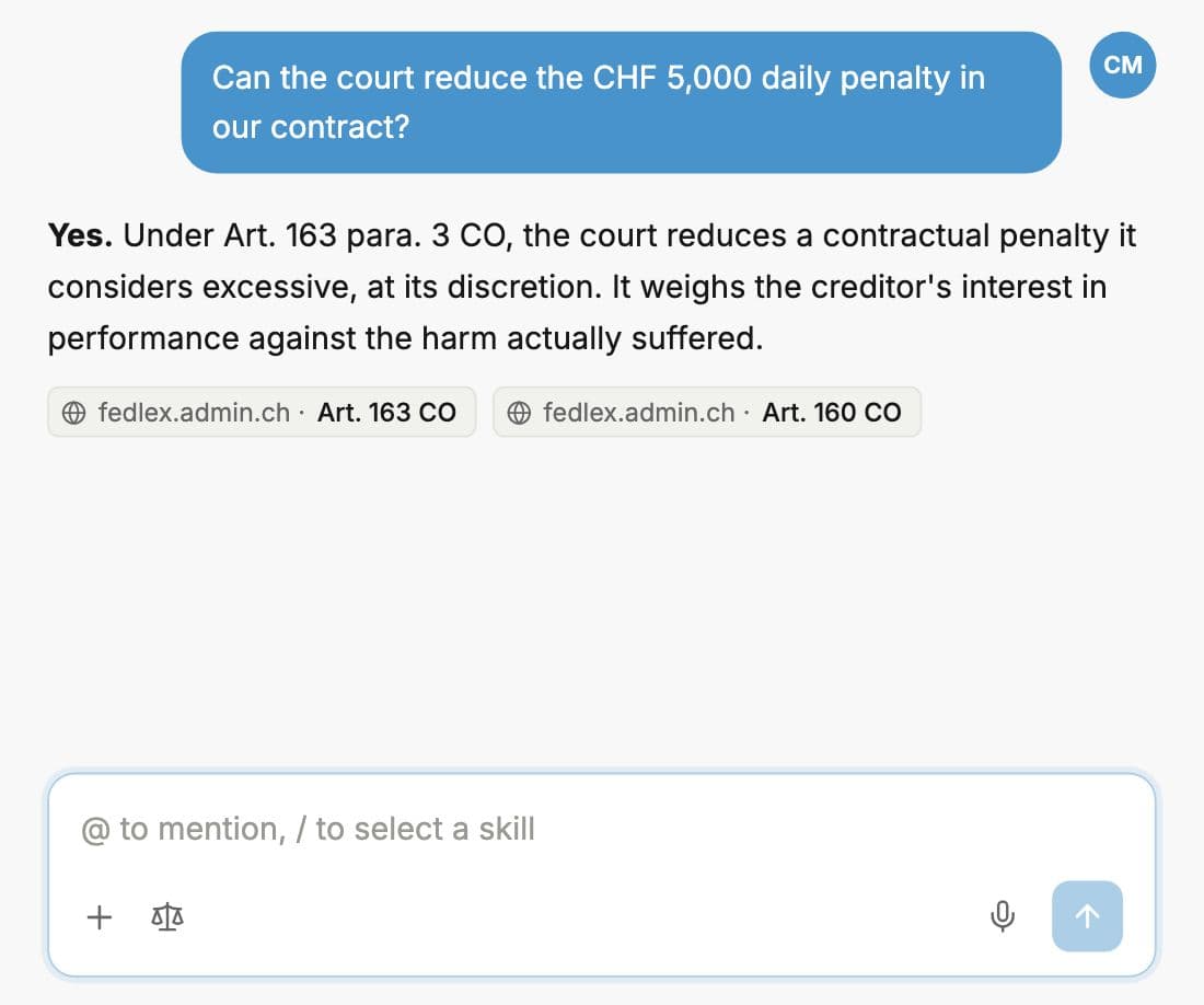 Whisperit answer to a Swiss contract law question, citing Art. 163 para. 3 CO and Art. 160 CO on fedlex