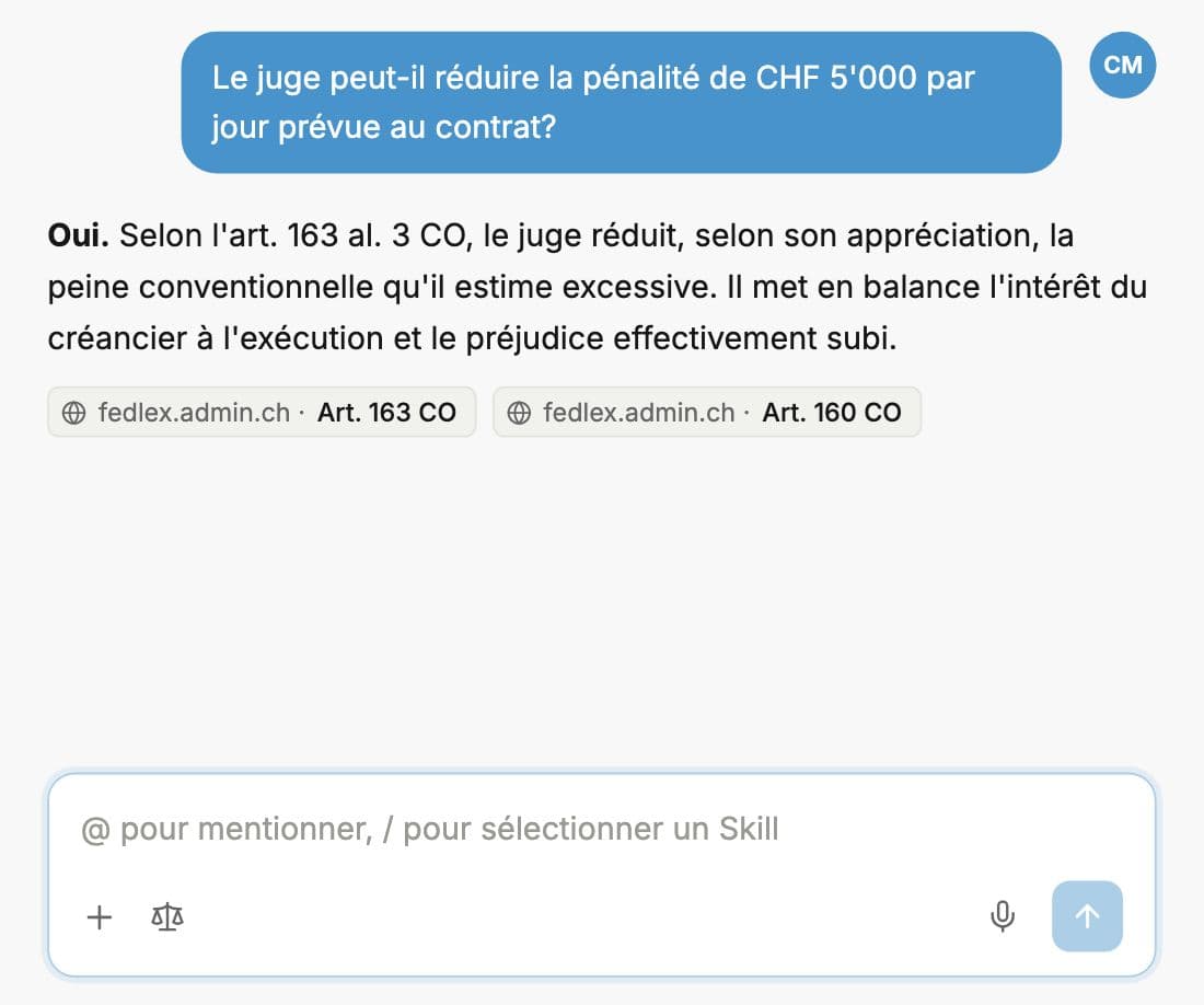 Réponse de Whisperit à une question de droit suisse des contrats, citant l'art. 163 al. 3 CO et l'art. 160 CO sur fedlex
