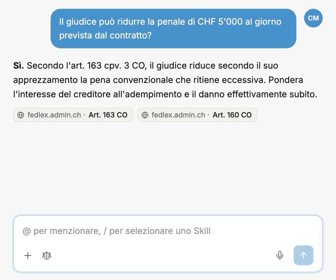 Risposta di Whisperit a una domanda di diritto svizzero dei contratti, con rinvio all'art. 163 cpv. 3 CO e all'art. 160 CO su fedlex