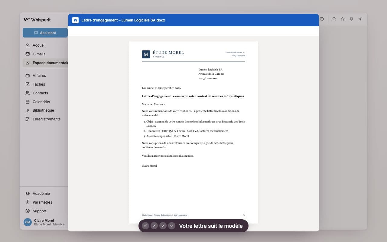 Lettre d'engagement rédigée dans Whisperit à partir du modèle de l'étude, ouverte dans Word sur le papier à en-tête