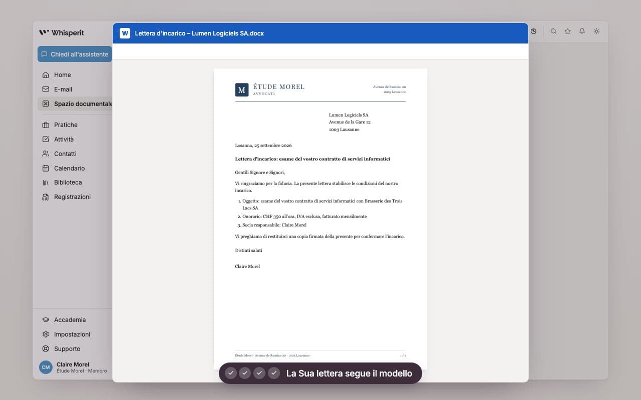 Percorso illustrativo di modello in italiano di Whisperit con una lettera d’incarico esportata in Word.
